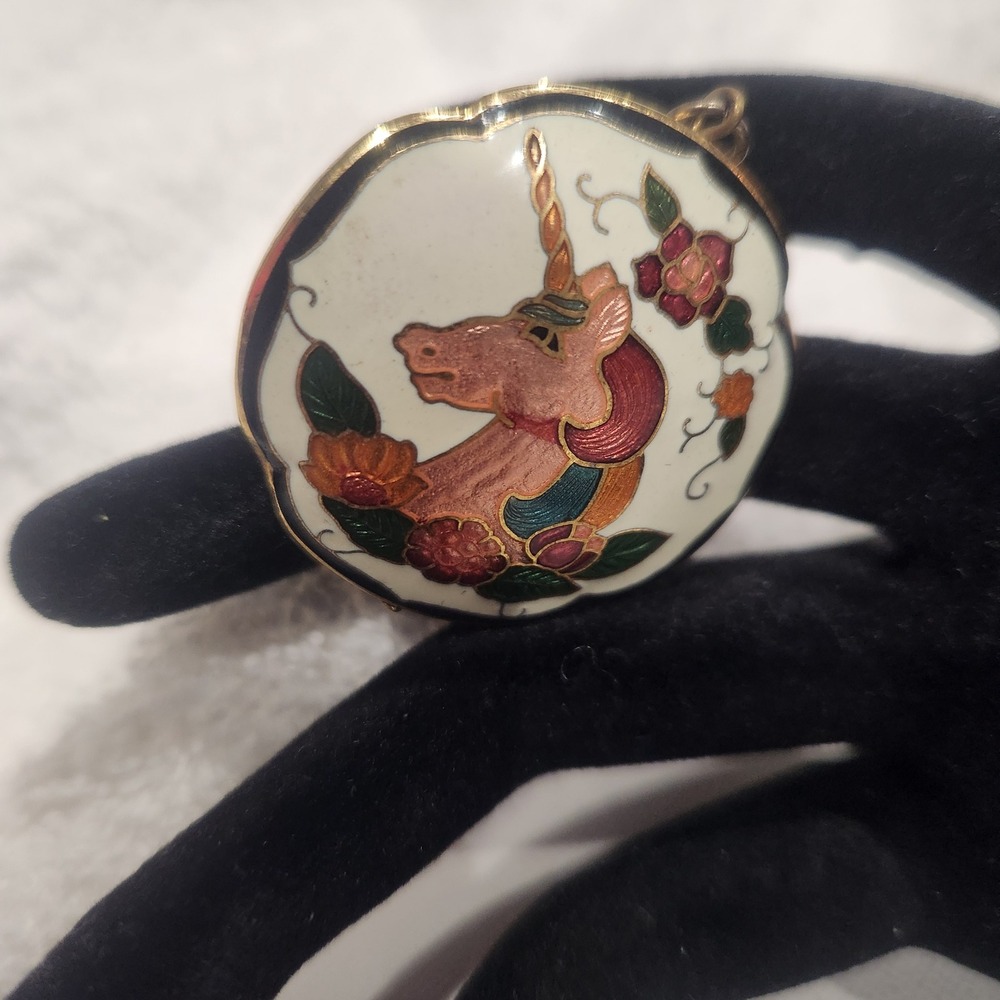 Vintage‎ Cloisonne Enamel Unicorn Pendant Floral Gold Tone Mythical Charm 1.5 In